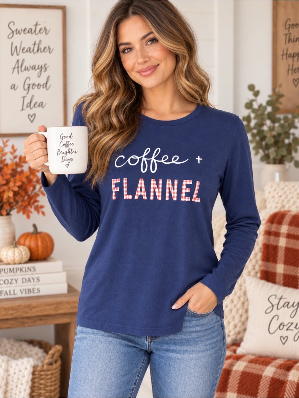 LOFT Outlet Coffee + Flannel Navy Long Sleeve Graphic Tee Size L